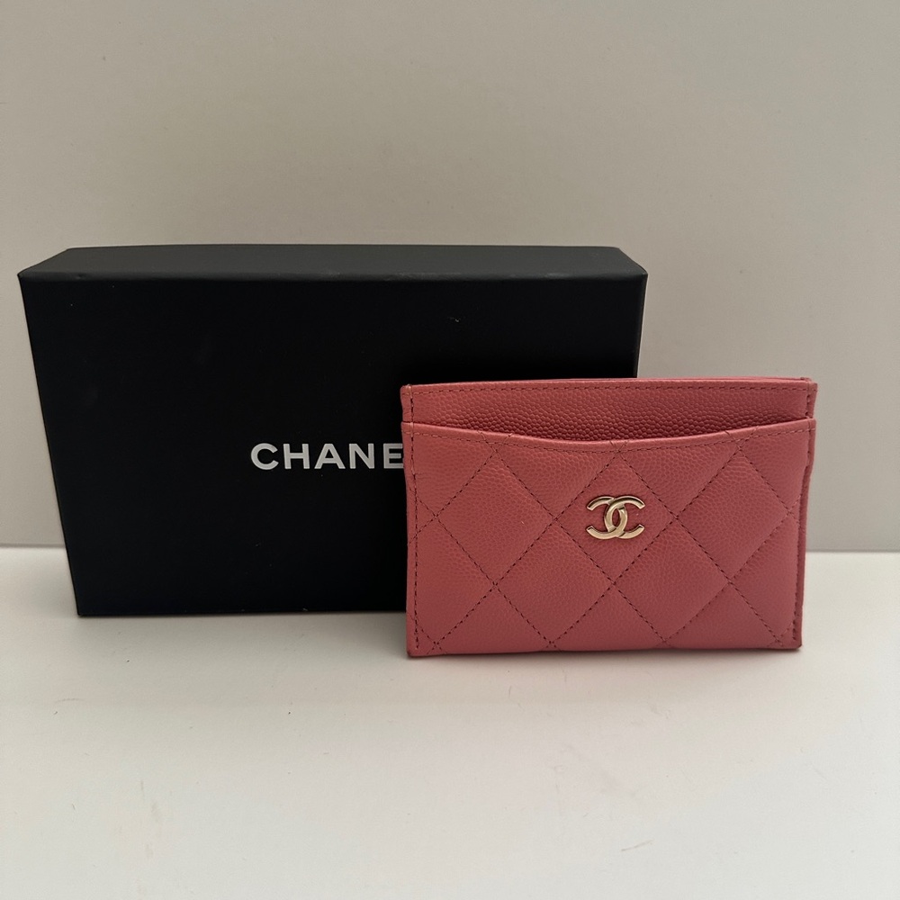 Pink Chanel Caviar Card Holder Box, Dust Cover